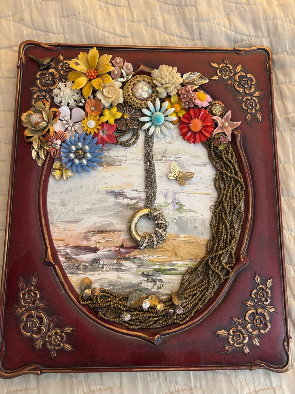 Hand Crafted Decorative Floral Mixed-Media Wall Art - Multicolor Vintage Jewelry
